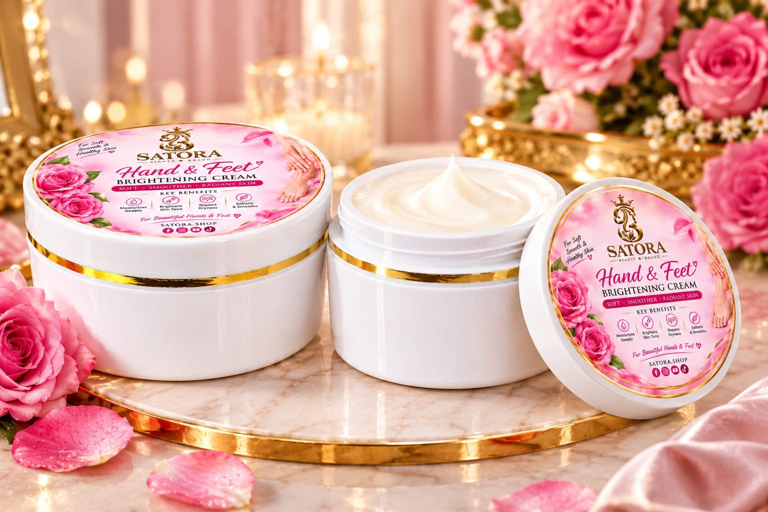 SATORA Hand & Feet Brightening Cream Soft • Smooth • Radiant Skin SATORA Hand & Feet Brightening Cream is a luxurious daily-care formula designed to moisturize, soften and brighten the appearance of dry, rough hands and feet. It helps improve the look of dryness and leaves skin feeling smooth, soft and beautifully radiant.